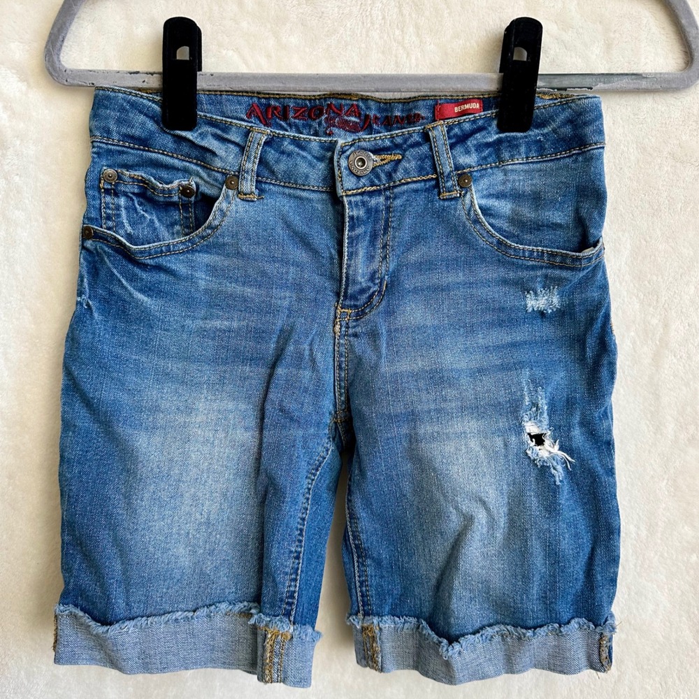 Arizona Youth Size 14 Reg Bermuda Denim Shorts Distressed Medium Wash Adjustable